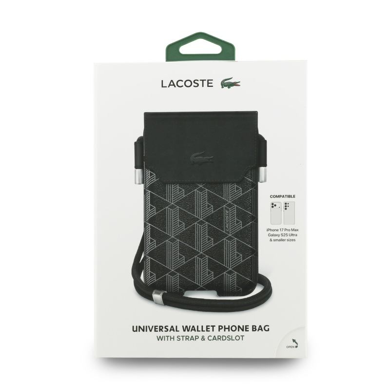 Lacoste PVC zmes Monogram Kovové logo Telefónne vrecko XL Black