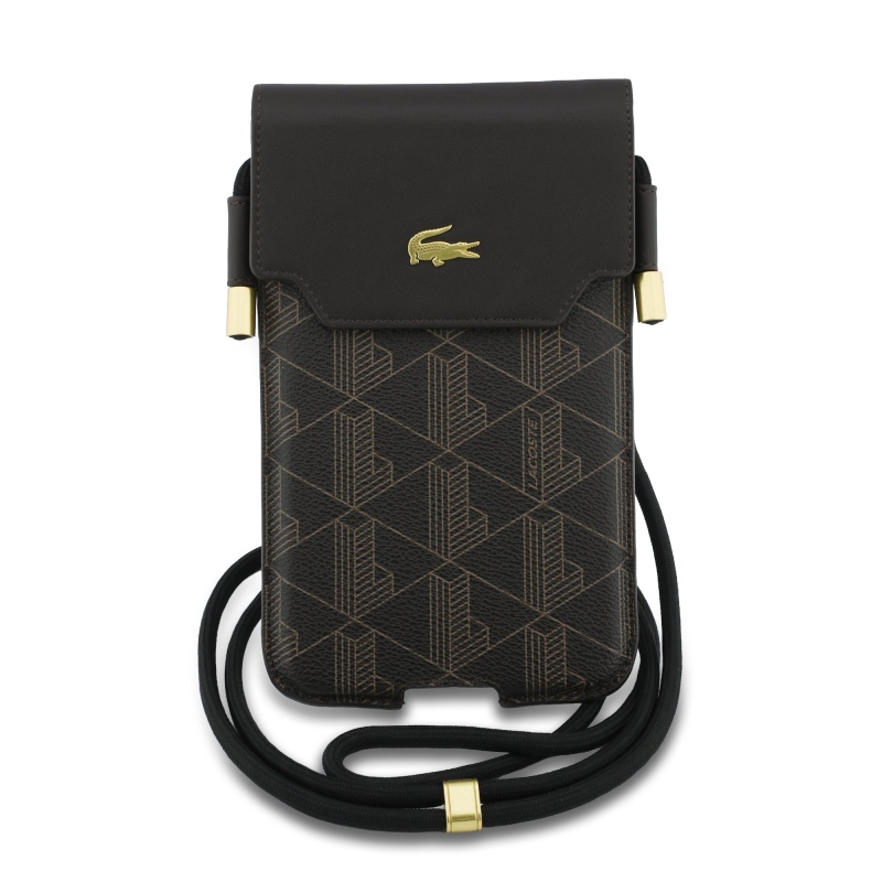 Lacoste PVC zmes Monogram Kovové logo Telefónne vrecko XL Hnedá