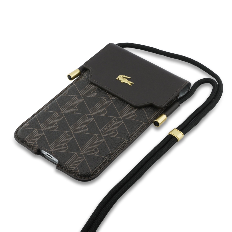 Lacoste PVC zmes Monogram Kovové logo Telefónne vrecko XL Hnedá