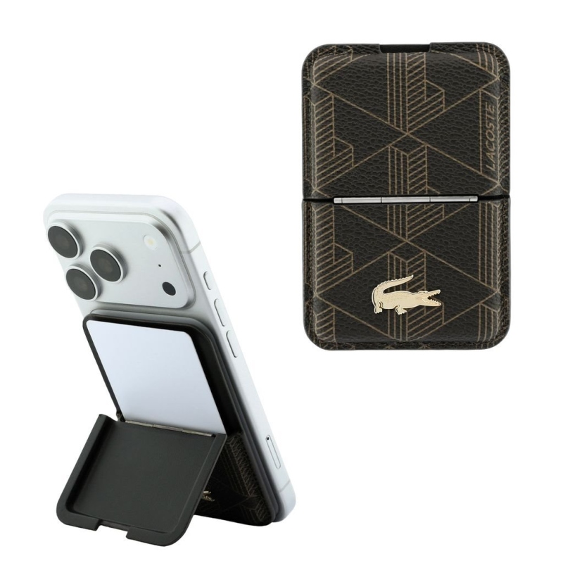 Peňaženka Lacoste z PVC zmesi s monogramom Petit Pique a MagSafe so stojáčikom, hnedá