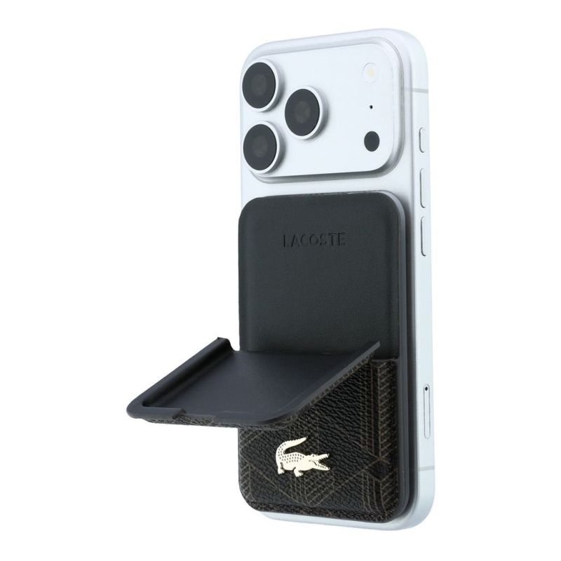 Peňaženka Lacoste z PVC zmesi s monogramom Petit Pique a MagSafe so stojáčikom, hnedá