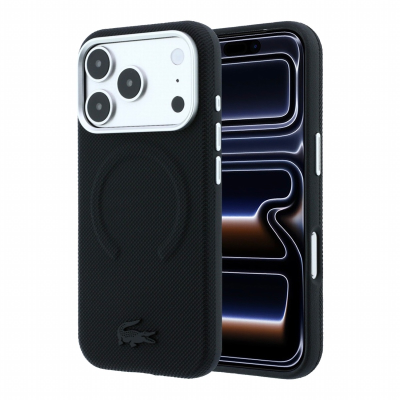 Lacoste PVC Petit Pique Semi Wrap Embossed MagSafe zadný kryt pre iPhone 18 Pro Max, čierny