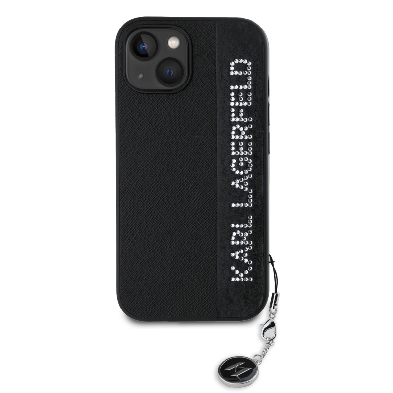 Karl Lagerfeld PU Saffiano Rhinestone Charm Zadný Kryt pre iPhone 15 Black