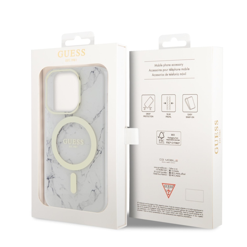Guess IML Marble MagSafe Zadný Kryt pre iPhone 13 Pro White