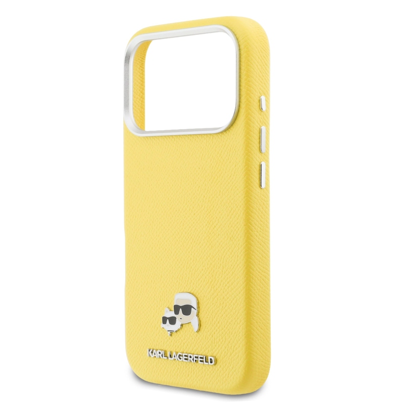 Karl Lagerfeld PU Karl and Choupette Heads Pins MagSafe zadný kryt pre iPhone 17 Pro Max Yellow