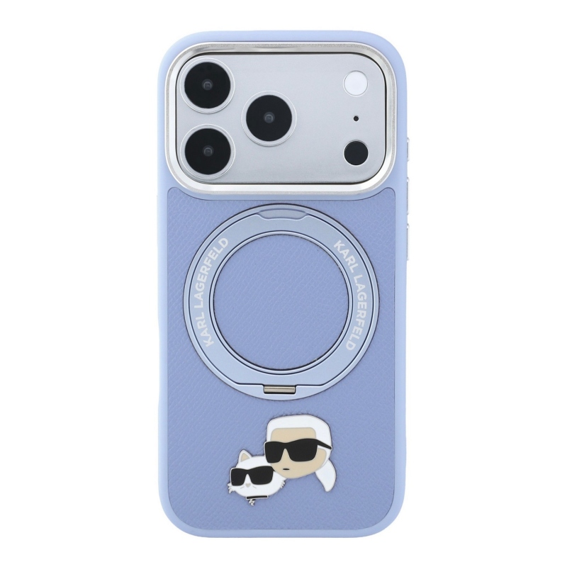 Karl Lagerfeld PU Grained K&CH Heads Ring Stand Magsafe zadný kryt pre iPhone 18 Pro, modrý