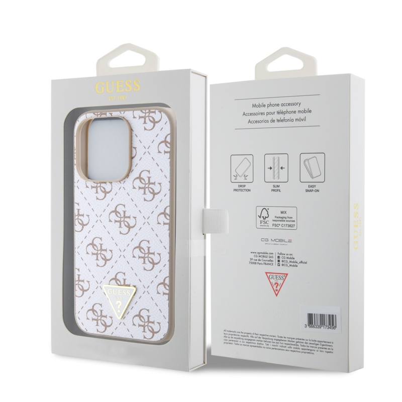 Guess PU Leather 4G Triangle Metal Logo Zadný Kryt pre iPhone 15 Pro White