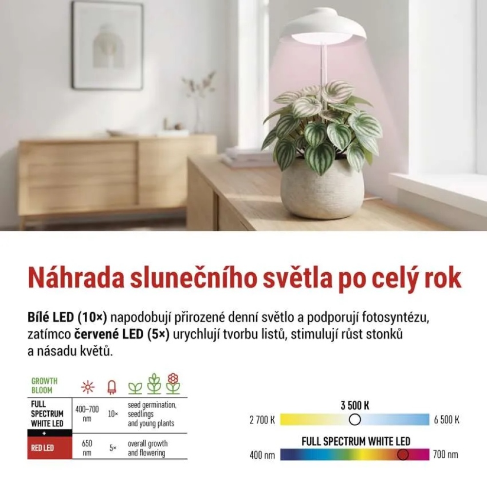 LED GROW pestovateľská lampa 5 W, časovač - biela