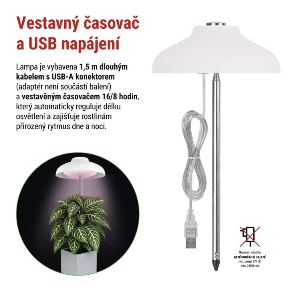 LED GROW pestovateľská lampa 5 W, časovač - biela