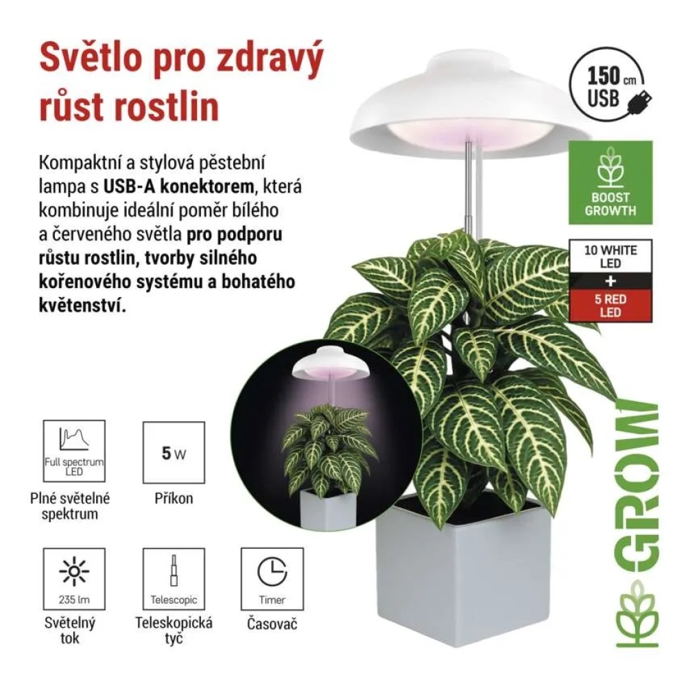 LED GROW pestovateľská lampa 5 W, časovač - biela