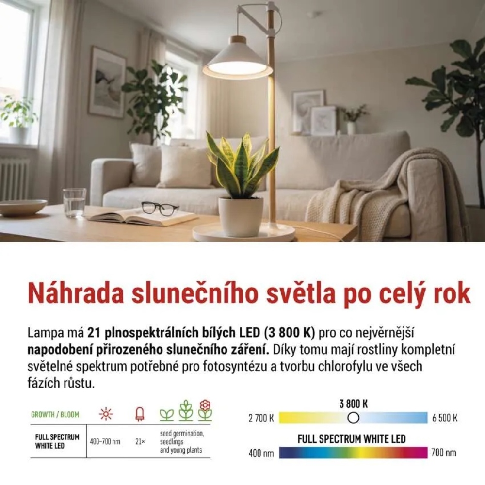 LED GROW pestovateľská lampa 7 W, časovač - biela