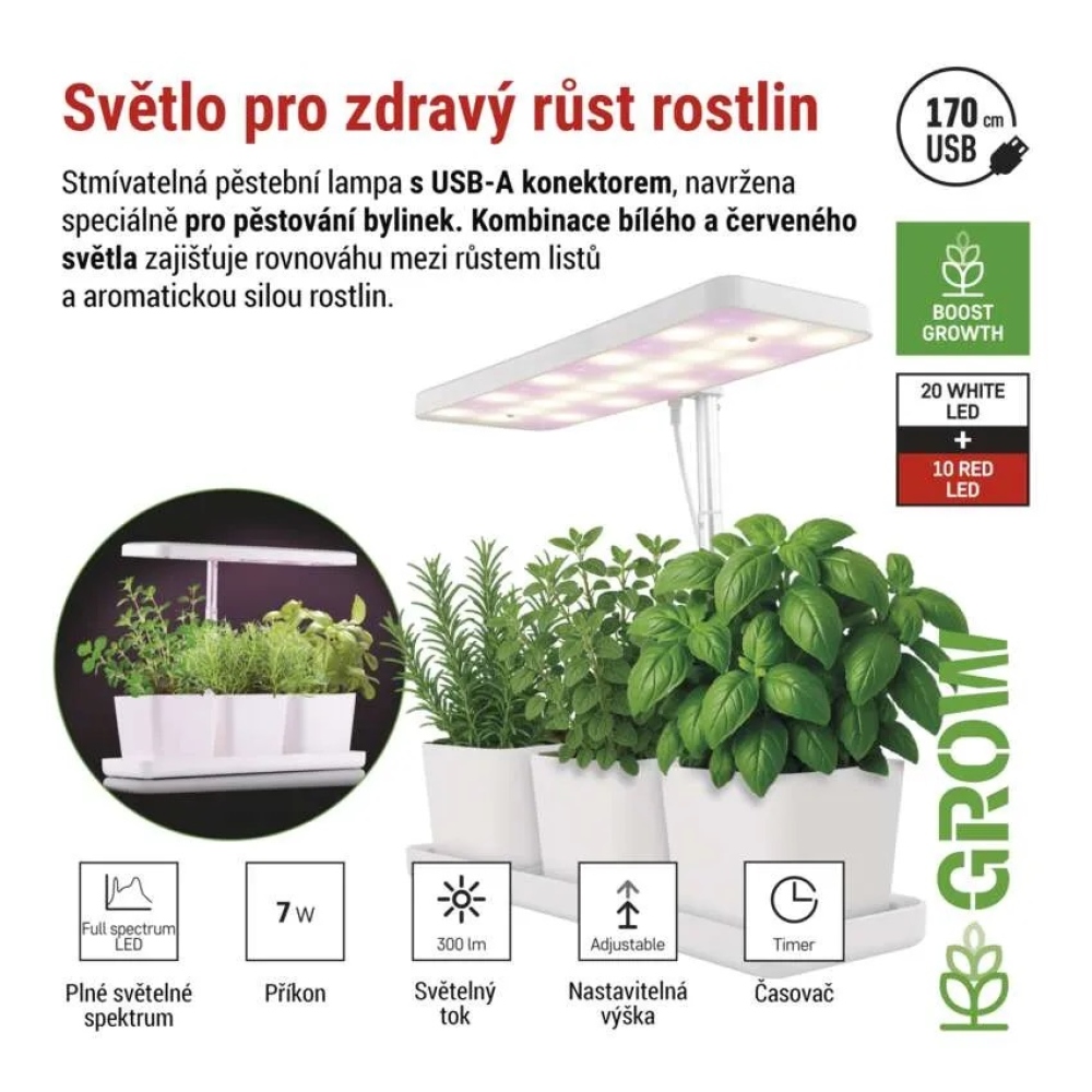 LED GROW pestovateľská lampa 7 W, časovač, stmievateľná - biela