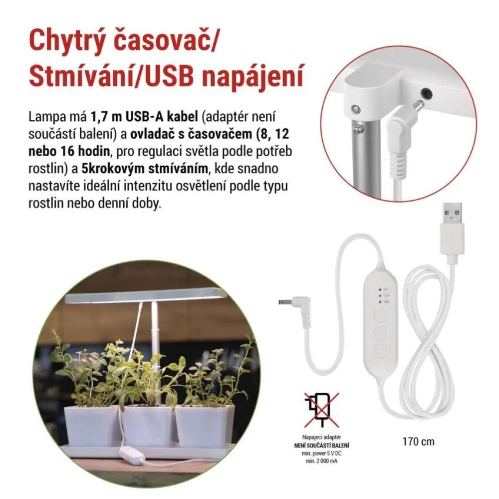 LED GROW pestovateľská lampa 7 W, časovač, stmievateľná - biela