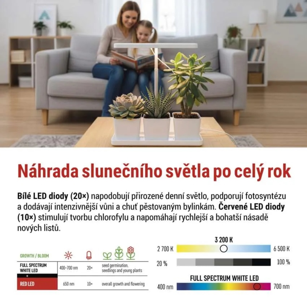 LED GROW pestovateľská lampa 7 W, časovač, stmievateľná - biela