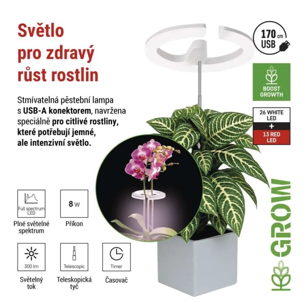 LED GROW pestovateľská lampa 8 W, časovač, stmievateľná - biela
