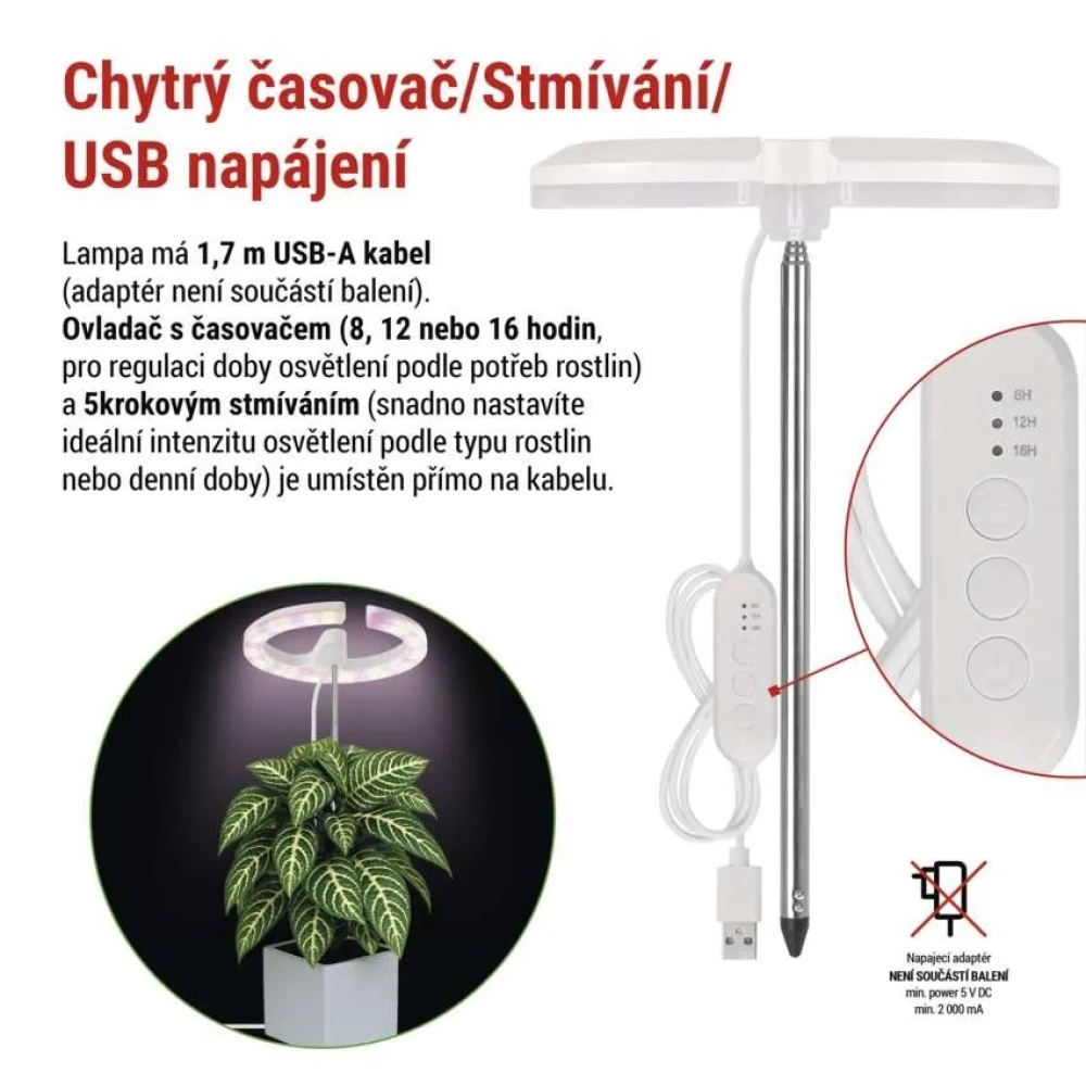 LED GROW pestovateľská lampa 8 W, časovač, stmievateľná - biela