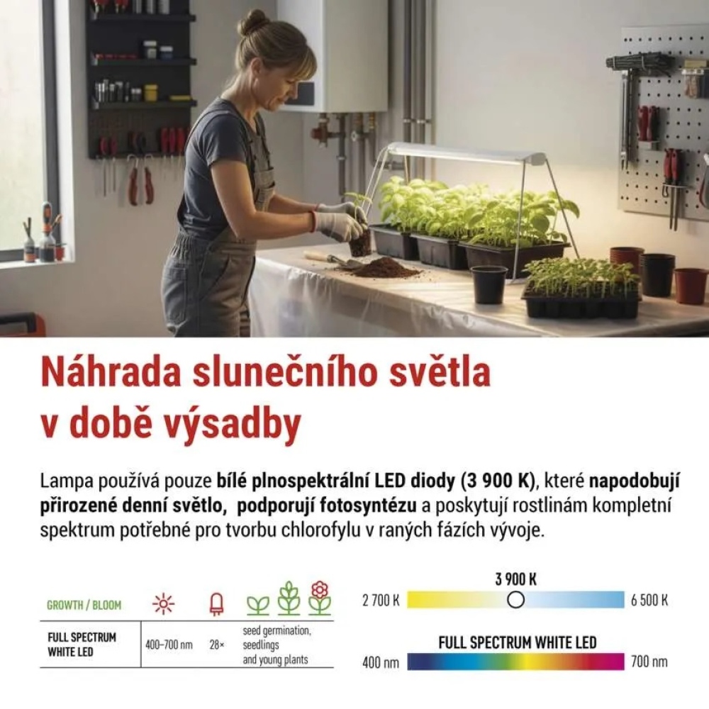 LED GROW pestovateľská lampa na sadenice 15 W, časovač - biela