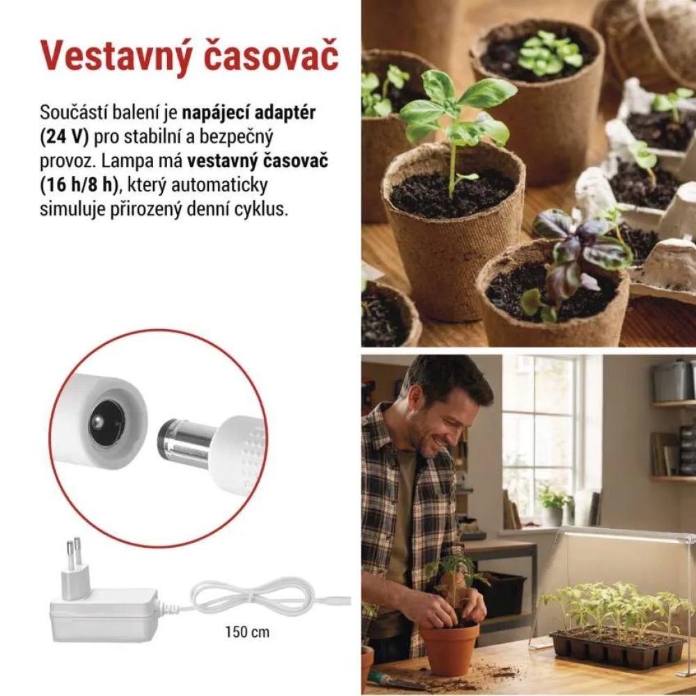 LED GROW pestovateľská lampa na sadenice 15 W, časovač - biela