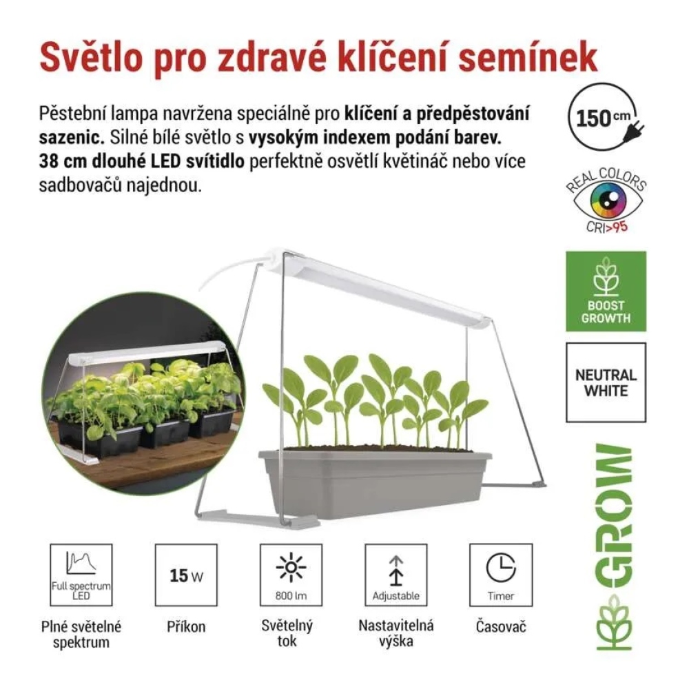LED GROW pestovateľská lampa na sadenice 15 W, časovač - biela