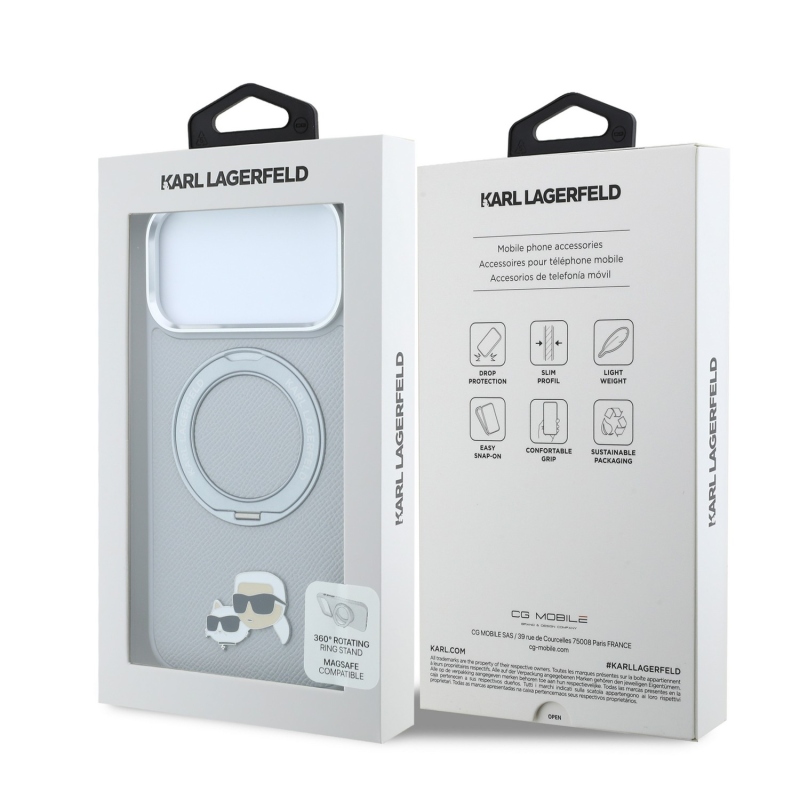 Karl Lagerfeld PU Grained K&CH Heads Ring Stand Magsafe zadný kryt pre iPhone 18 Pro, sivý