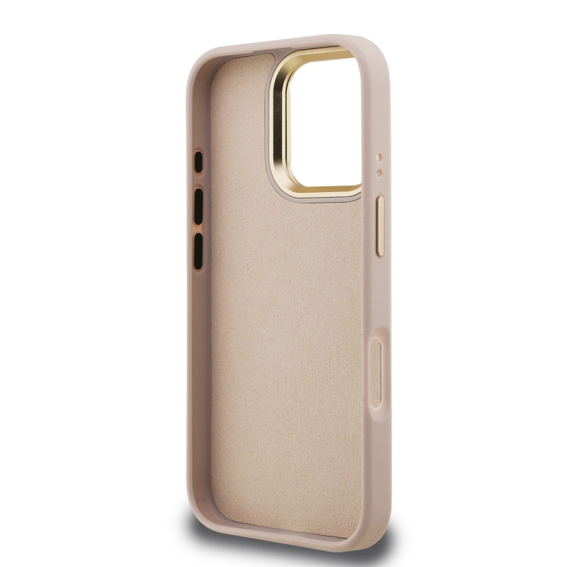 Guess PU 4G Metal Logo Stand Camera Frame Zadný Kryt pre iPhone 16 Pro Pink