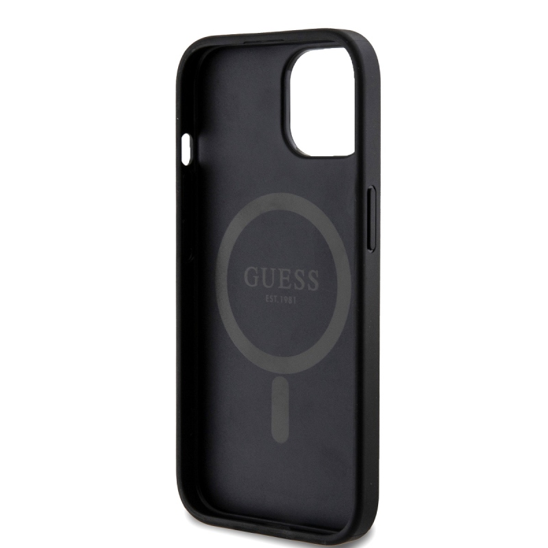 Guess PU Leather 4G Colored Ring MagSafe Zadný Kryt pre iPhone 15 Black
