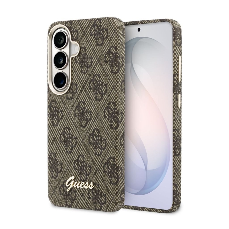 Guess PU 4G Script Metal Logo Magnetic Back Cover pre Samsung Galaxy S26 Brown
