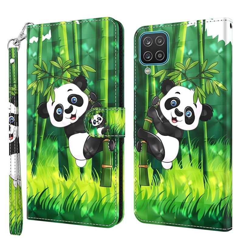 Print PU kožené peněženkové puzdro na mobil Samsung Galaxy A12/M12 - panda na bambuse