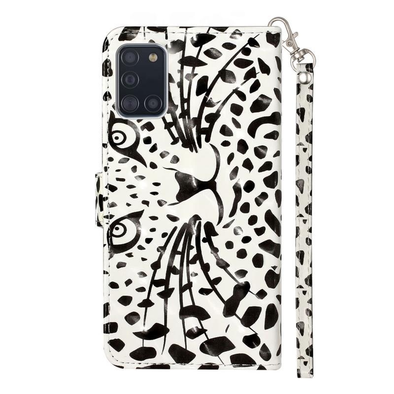 Light PU kožené peněženkové puzdro na mobil Samsung Galaxy A31 - leopardí tvár