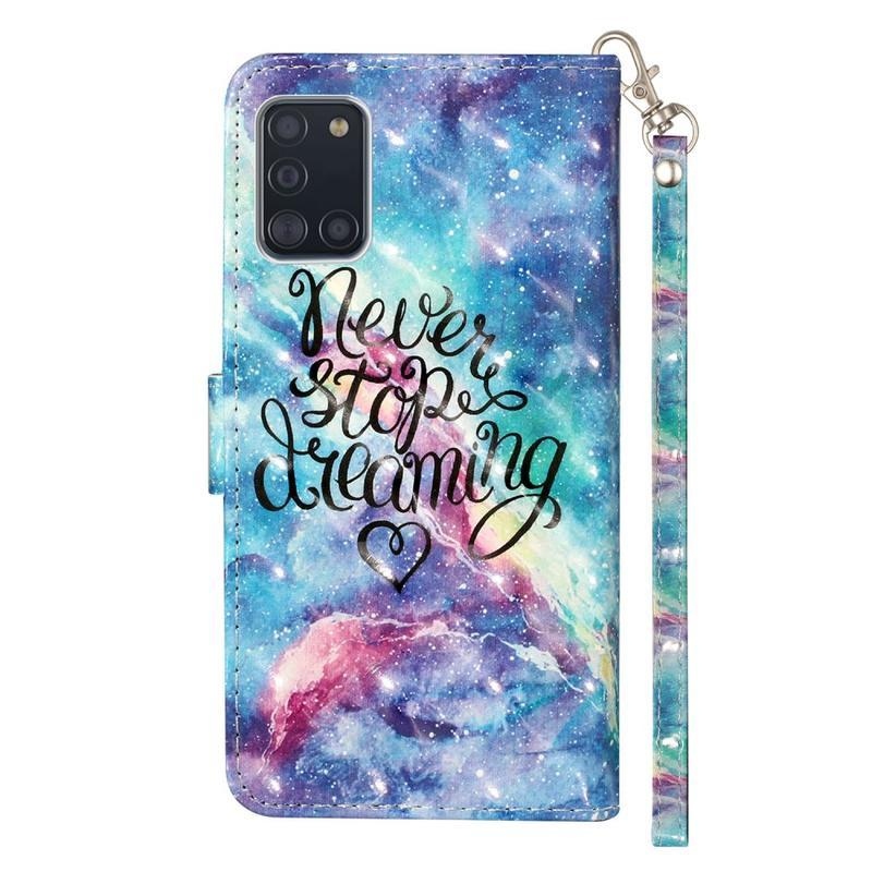 Light PU kožené peněženkové puzdro na mobil Samsung Galaxy A31 - neprestávaj snívať