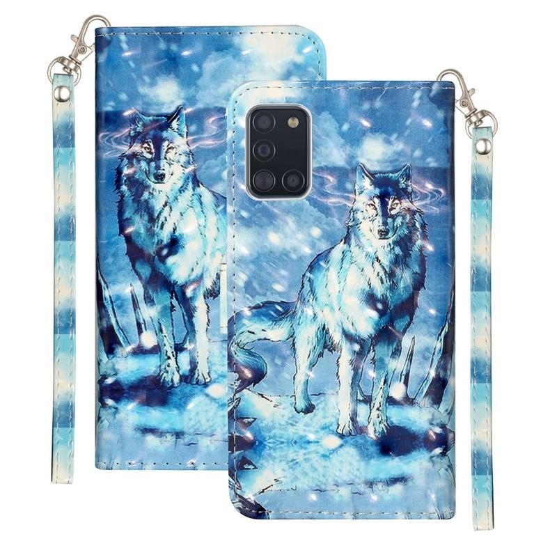 Light PU kožené peněženkové puzdro na mobil Samsung Galaxy A31 - vlk