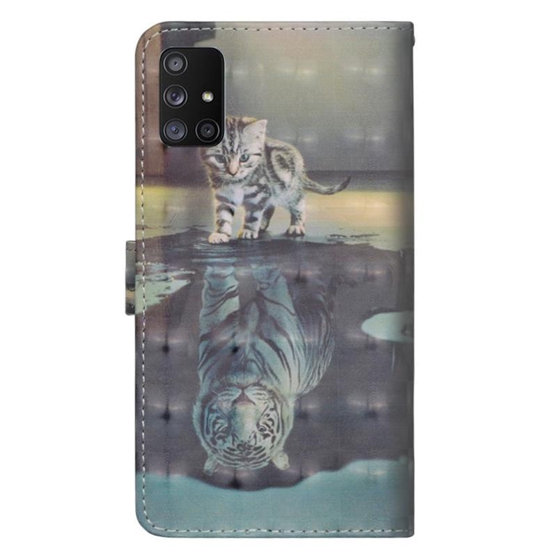 Print PU kožené peněženkové puzdro na mobil Samsung Galaxy M31s - mačka a odraz tigra
