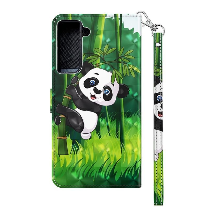 Print PU kožené peněženkové puzdro na mobil Samsung Galaxy S21 - panda na bambuse