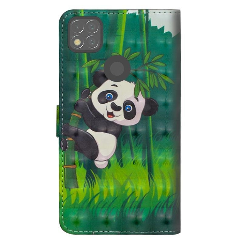 Print PU kožené peněženkové puzdro na mobil Xiaomi Redmi 9C - panda na bambuse