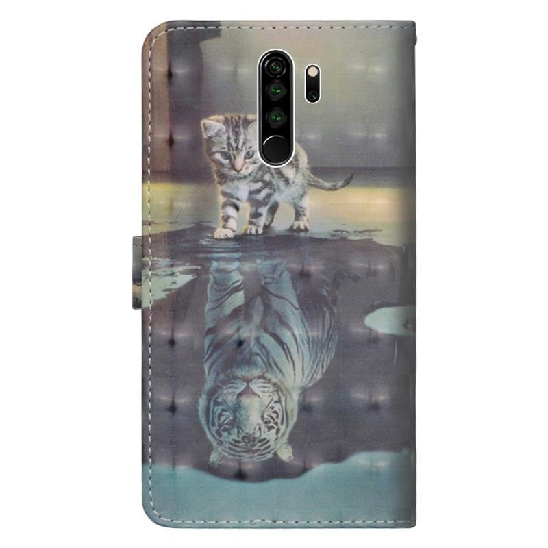 Print PU kožené peněženkové puzdro na mobil Xiaomi Redmi Note 8 Pro - mačka a odraz tigra