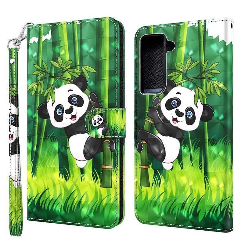 Print PU kožené peněženkové púzdro pre mobil Samsung Galaxy S21 Plus - panda na bambuse