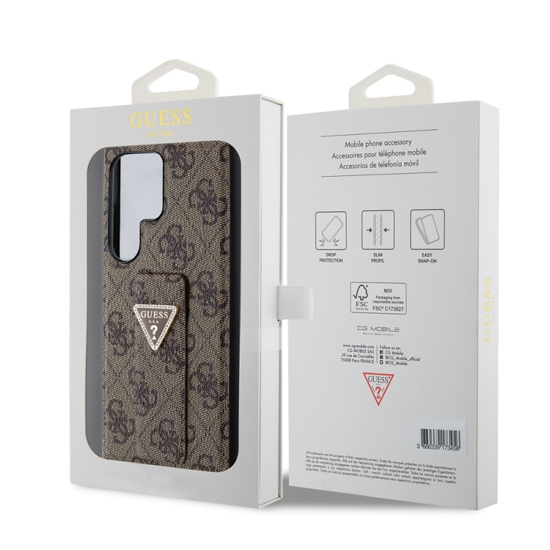 Guess PU Grip Stand 4G Strass Triangle Metal Logo Zadný kryt pre Samsung Galaxy S24 Ultra Brown
