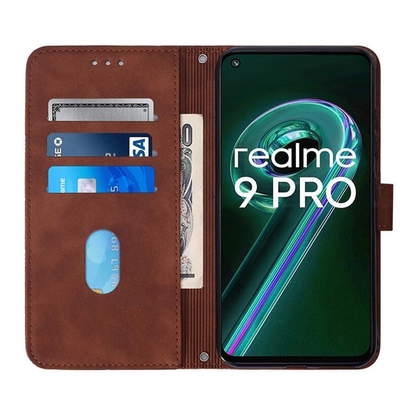 Lines PU kožené peňaženkové púzdro na mobil Realme 9 Pro 5G - hnedé