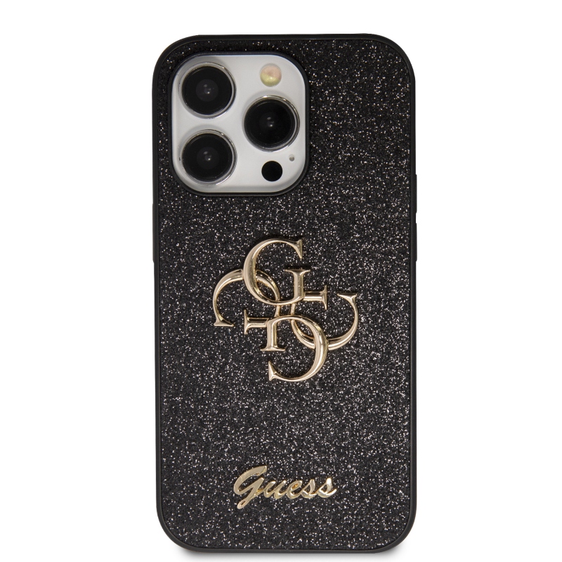 Guess PU Fixed Glitter 4G Metal Logo Zadný Kryt pre iPhone 15 Pro Max Black