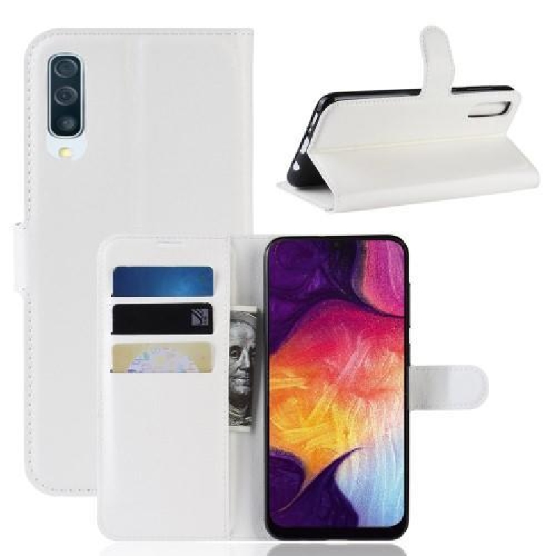 Litchi PU kožené peněženkové púzdro na Samsung Galaxy A50/A30s - biele