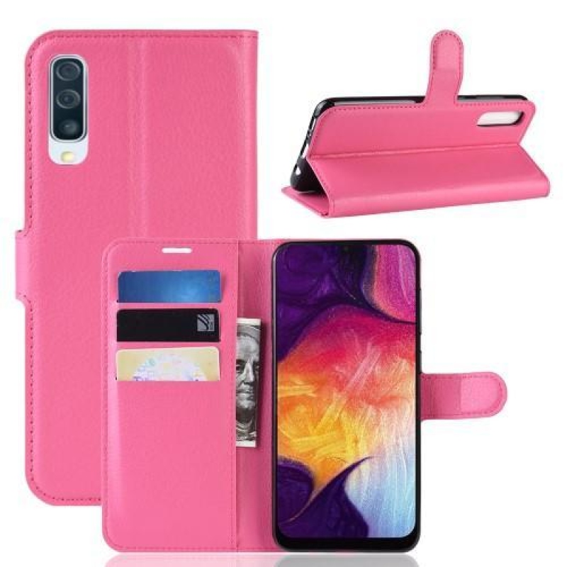 Litchi PU kožené peněženkové púzdro na Samsung Galaxy A50/A30s - rose