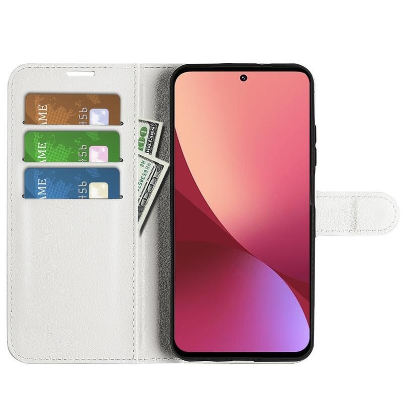 Litchi PU kožené peňaženkové púzdro pre mobil Xiaomi 12/12X - biele