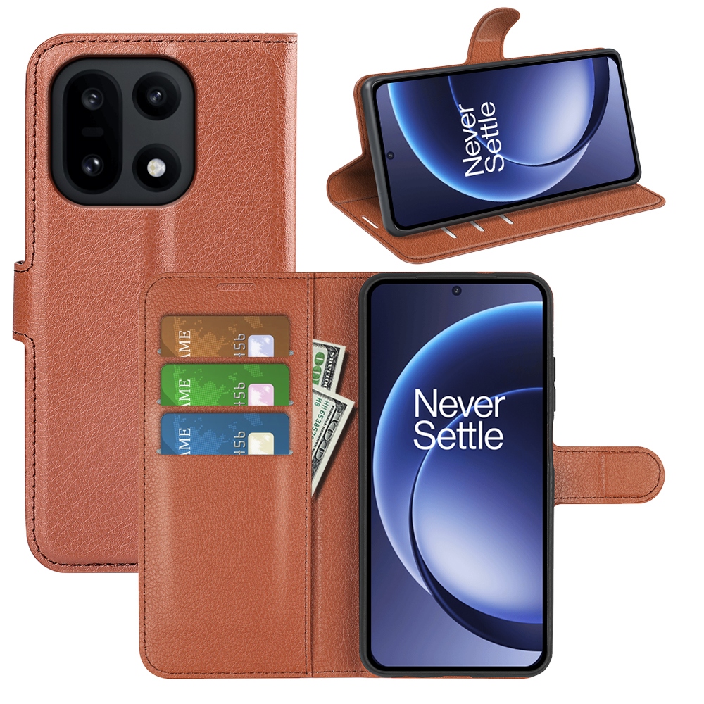 Litchi knižkové puzdro na OnePlus 15 5G - hnedé