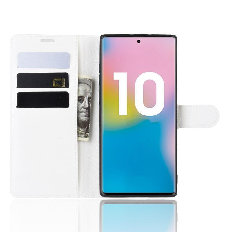 Litchi knižkové púzdro na Samsung Galaxy Note 10 Plus - biele