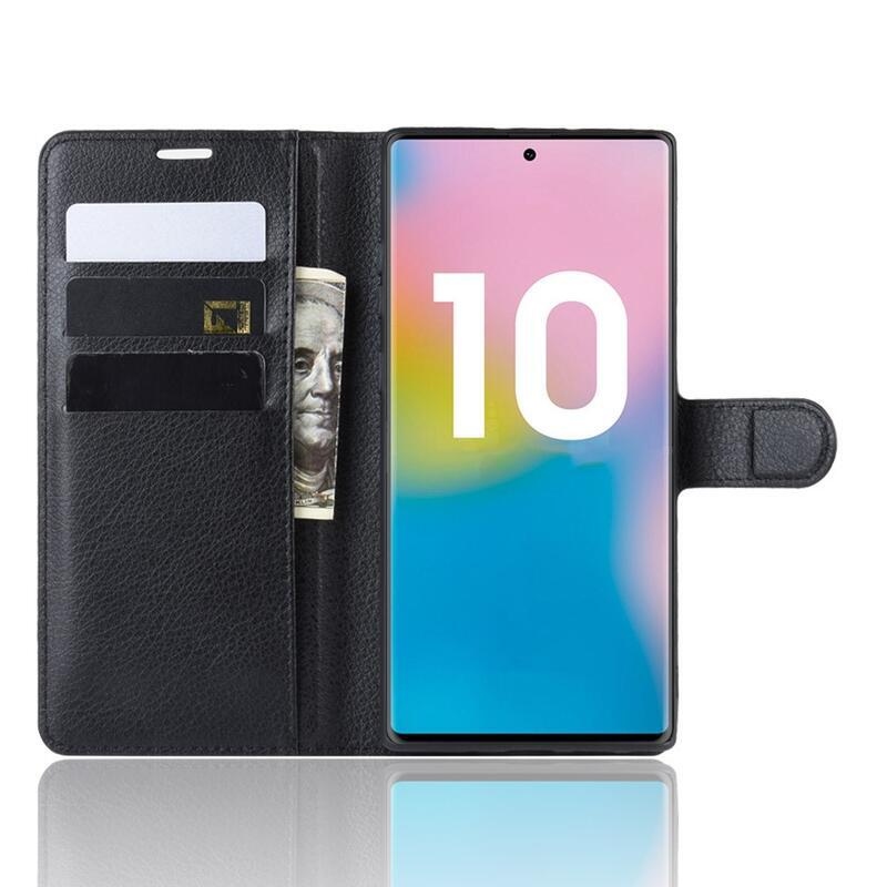 Litchi knižkové púzdro na Samsung Galaxy Note 10 Plus - čierne