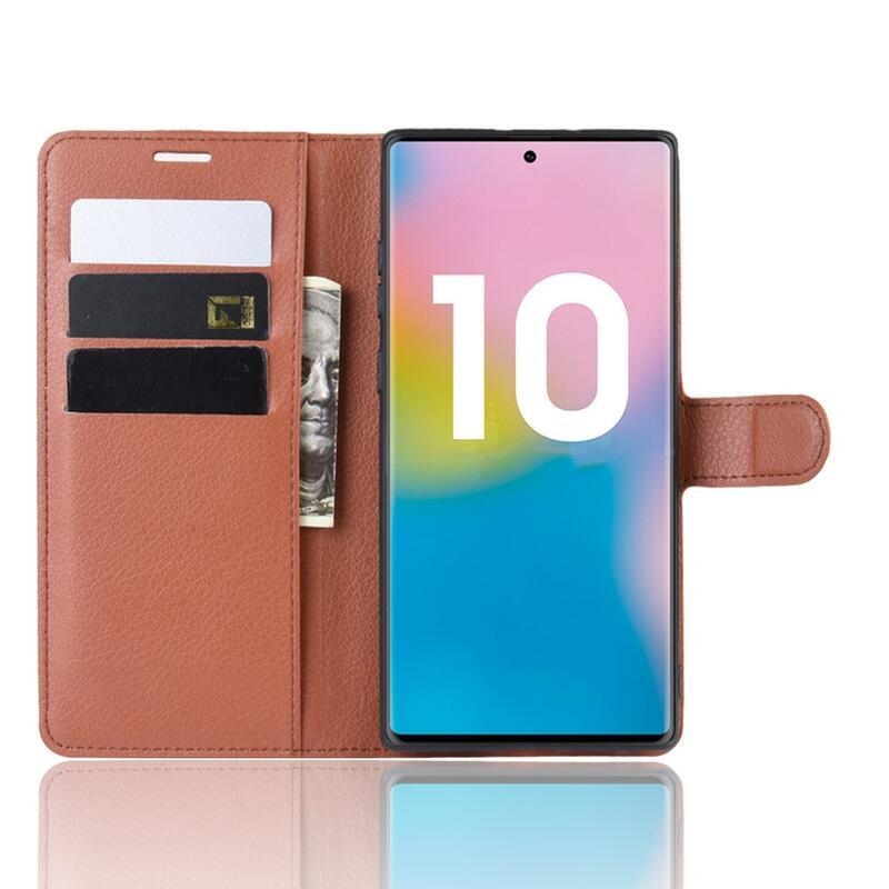 Litchi knižkové púzdro na Samsung Galaxy Note 10 Plus - hnedé