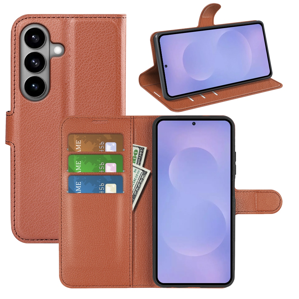 Litchi knižkové púzdro na Samsung Galaxy S26/S26 Pro - hnedé