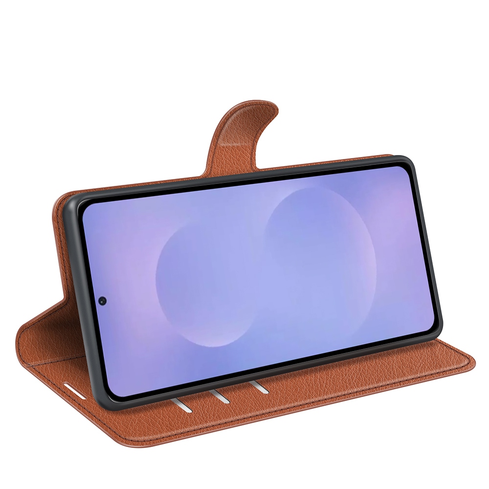 Litchi knižkové púzdro na Samsung Galaxy S26/S26 Pro - hnedé