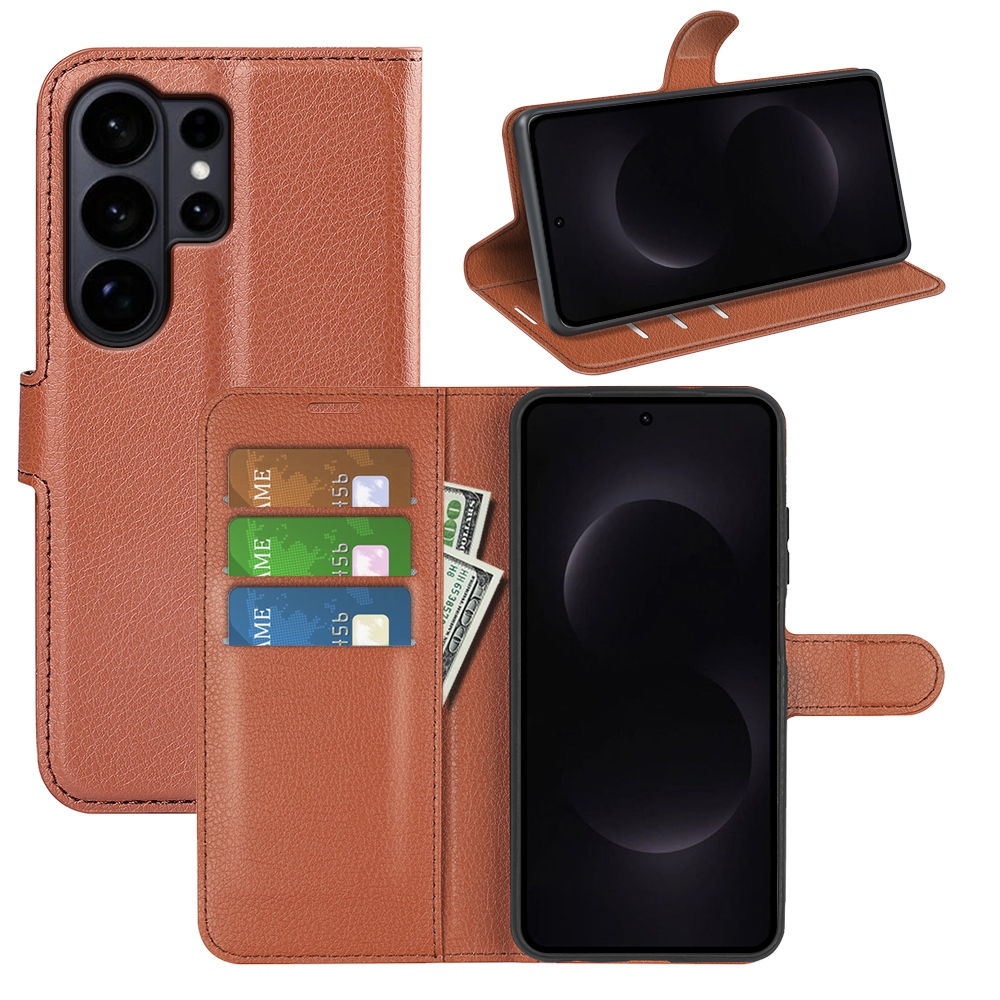 Litchi knižkové púzdro na Samsung Galaxy S26 Ultra - hnedé