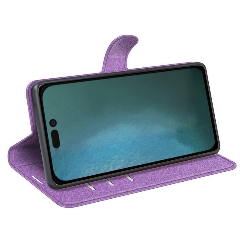 Litchi peňaženkové púzdro na iPhone 14 Plus - fialové